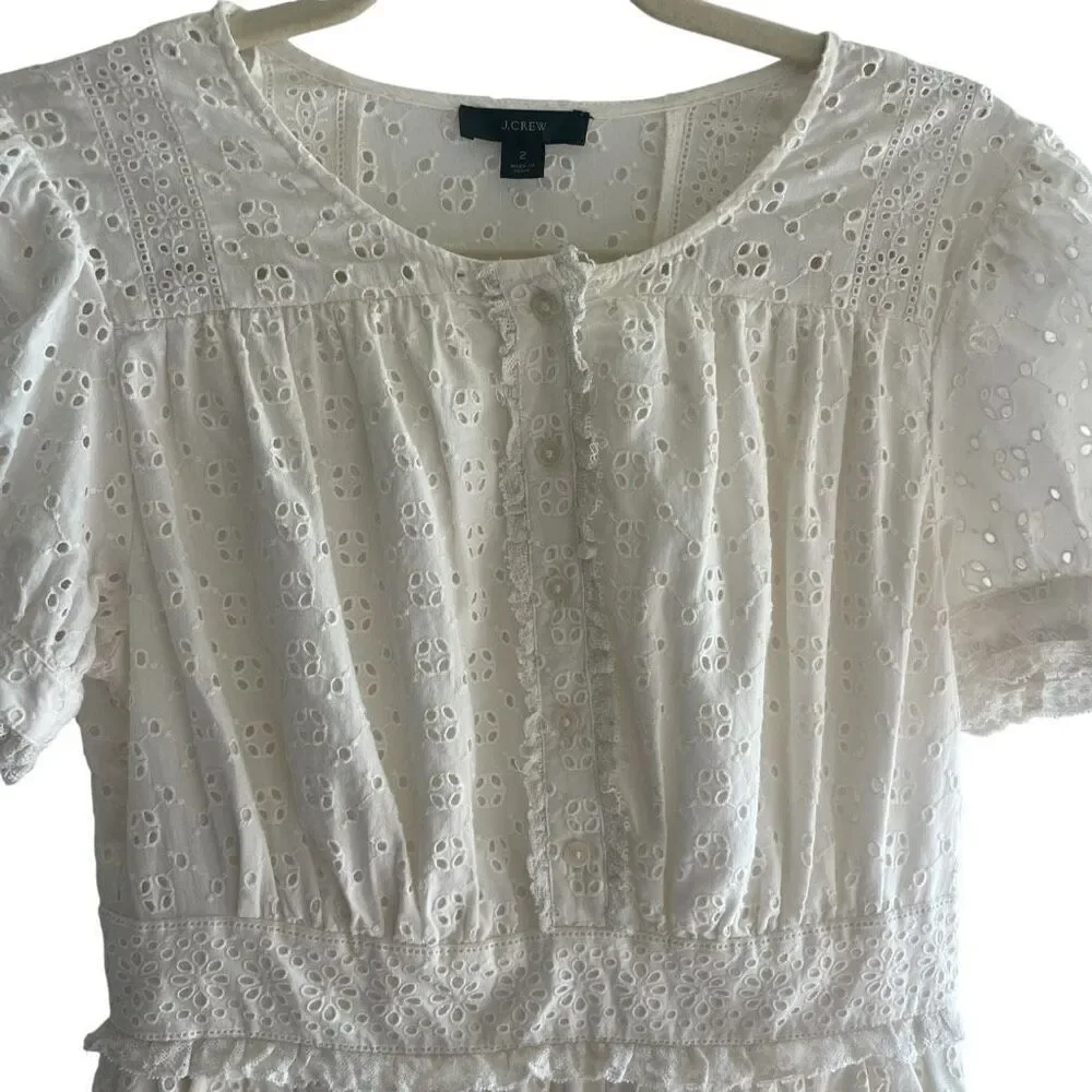 J Crew White Eyelet Lace Summer Short Sleeve Dress Women’s Size 2 XS Bride Beach